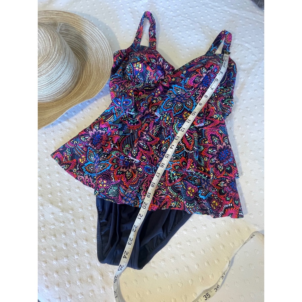 NWT Swim Solutions Paisley Tiered Tummy Control One Piece Swimsuit 12 Swim Skirt - Picture 8 of 9